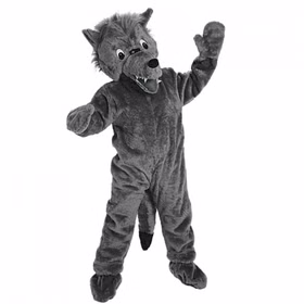Wolf Maskottchen Kostüm Theater Sportverein Graues Wolf Maskottchen-Kostüm für Erwachsene mit großem Wolfskopf, Fangzähnen, Plüsch-Overall, angenähten Handschuhen und Fußstulpen.