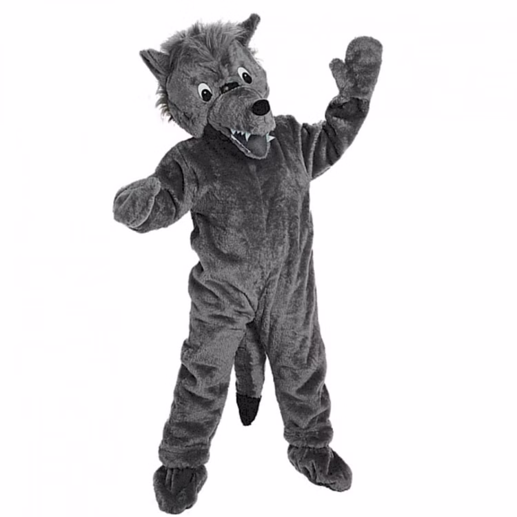 Wolf Maskottchen Kostüm Theater Sportverein Graues Wolf Maskottchen-Kostüm für Erwachsene mit großem Wolfskopf, Fangzähnen, Plüsch-Overall, angenähten Handschuhen und Fußstulpen.