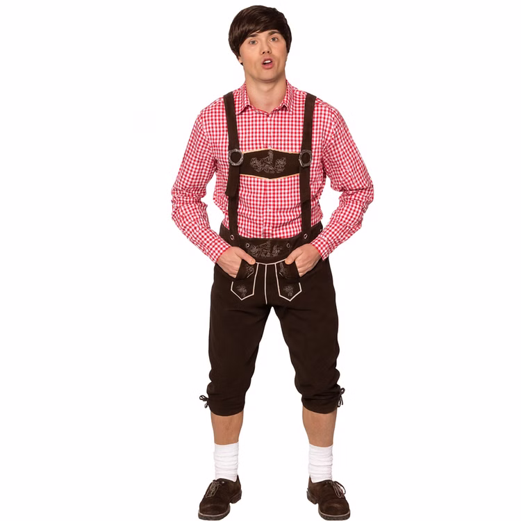 Oktoberfest-Hose braun Latzhose in Lederoptik für Herren Gr. 48-60 SALE Wiesn Trachtenhose Wasen Fasching Karneval Mottoparty Oktoberfest-Hose braun Latzhose in Lederoptik für Herren mit rot-kariertem Trachtenhemd von Vorne
