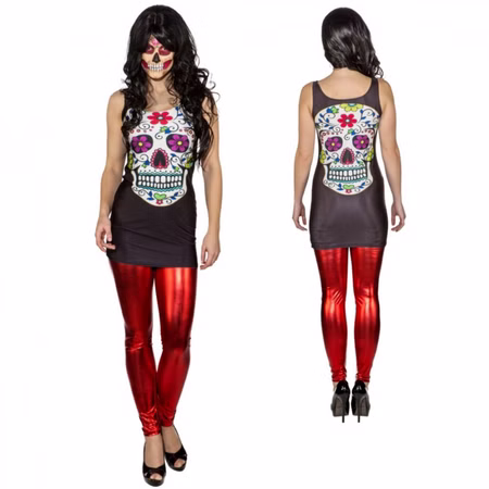 La Catrina Kleid Damen Totenkopf-Kostüm für Halloween & Día de Muertos Gr. S-XL SALE Fasching Karneval Mottoparty Totenschädel-Kleid Tag der Toten Mexiko Andere Länder Vorder- und Rückansicht des schwarzen La-Catrina-Kleides mit buntem Totenkopf-Motiv; Perücke, Make-up, Leggings und Schuhe sind Zubehör.