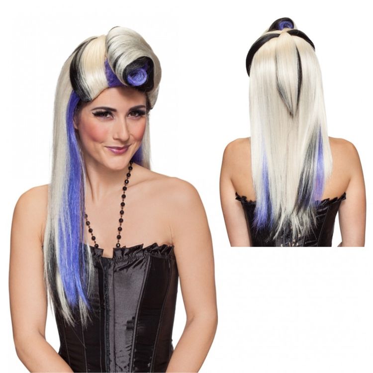 Langhaar-Perücke blond mit Tolle Strähnen lila-schwarz Rockabilly für Damen