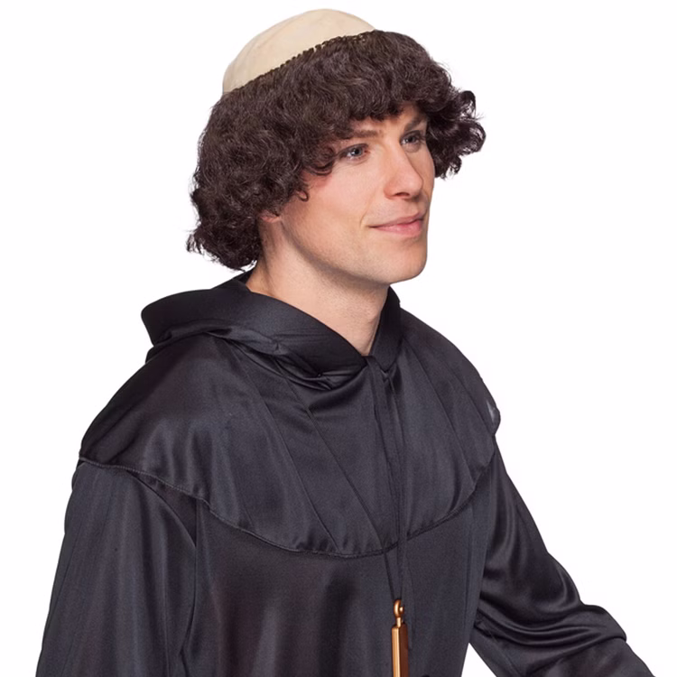 Mönch Perücke Braun mit Haarkranz Klosterbruder für Herren Fasching Karneval Mottoparty Mönch Perücke Braun mit Haarkranz für Herren von der Seite