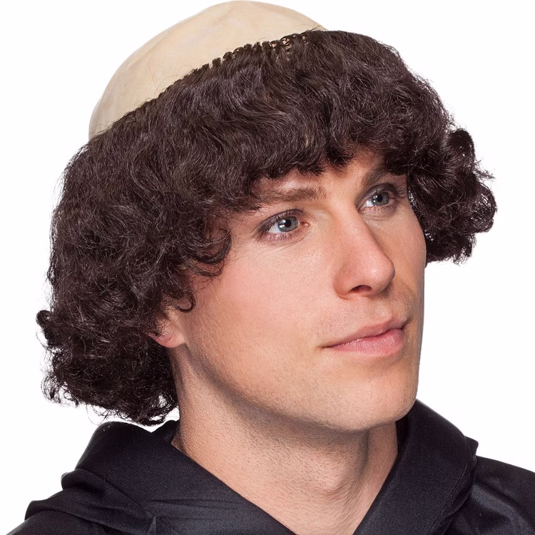Mönch Perücke Braun mit Haarkranz Klosterbruder für Herren Fasching Karneval Mottoparty Mönch Perücke Braun mit Haarkranz für Herren seitlich von Vorne