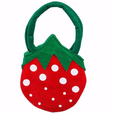 Erdbeer-Handtasche rot-grün Kostümtasche für Fasching & Party Kostüm-Zubehör Karneval Mottoparty Accessoire Tasche Rote Erdbeer-Handtasche mit weißen Punkten, grünem Blätterrand und weichem Henkel als Kostümzubehör vor weißem Hintergrund.